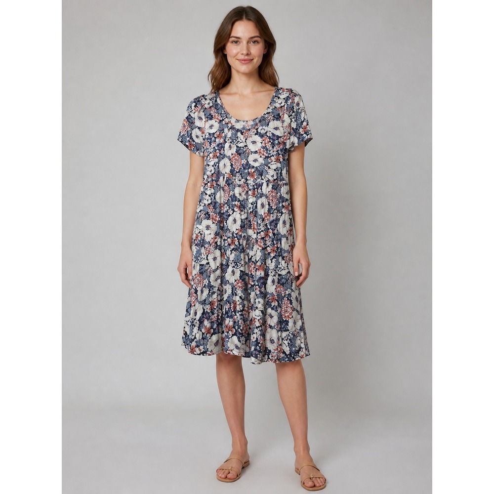 Natural Life Women's S Navy Floral Rayon Short Sleeve Dress Altered Bias Hem